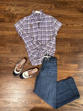 KMJ Kate McHale Jensen Quarantini Short-Sleeve Button Down Ruffle Collar Shirt M
